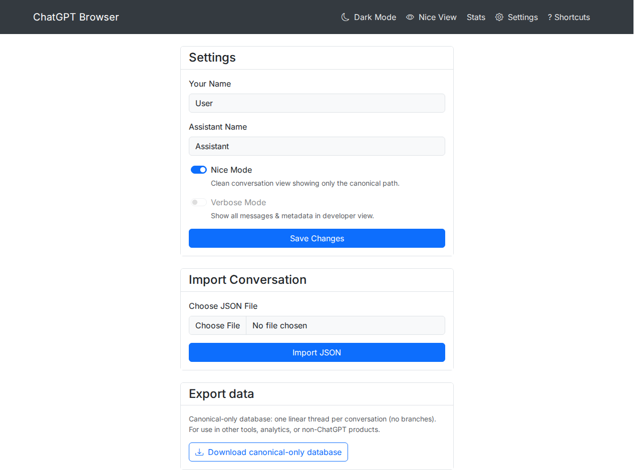 ChatGPT Browser Settings page showing Import Conversation and Export data
