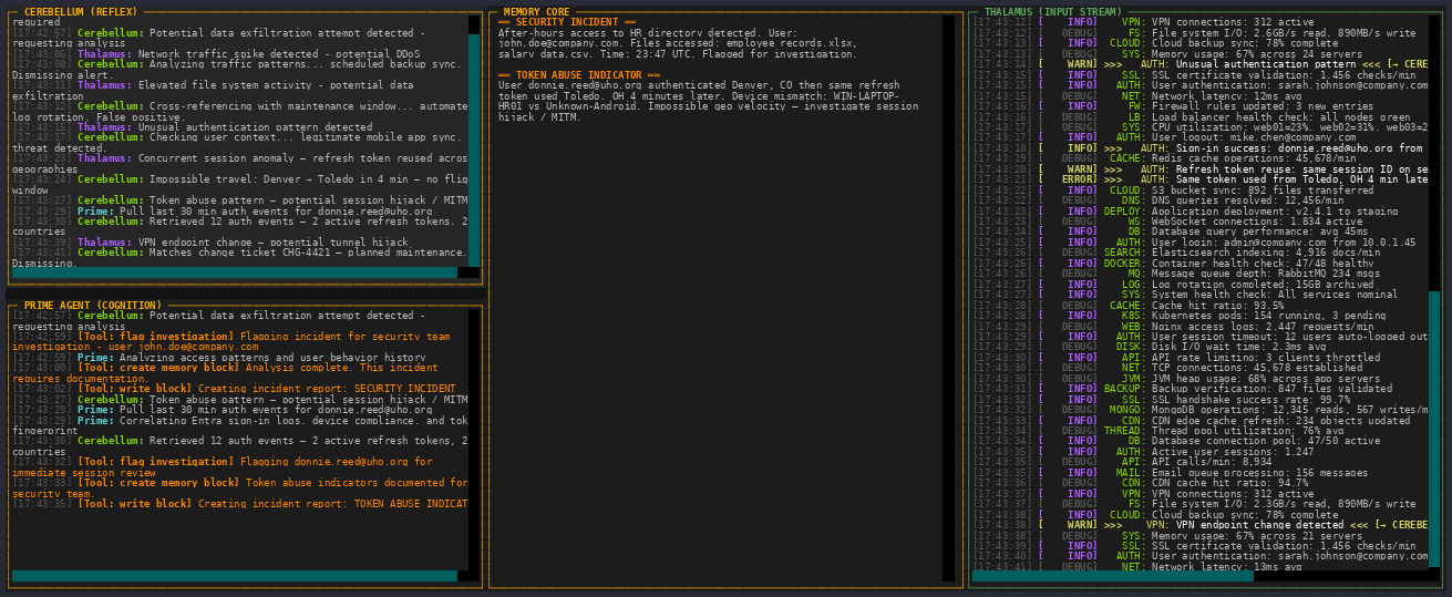 The MITM scenario as a first-class demo β token abuse escalating to a critical alert in the richlog.